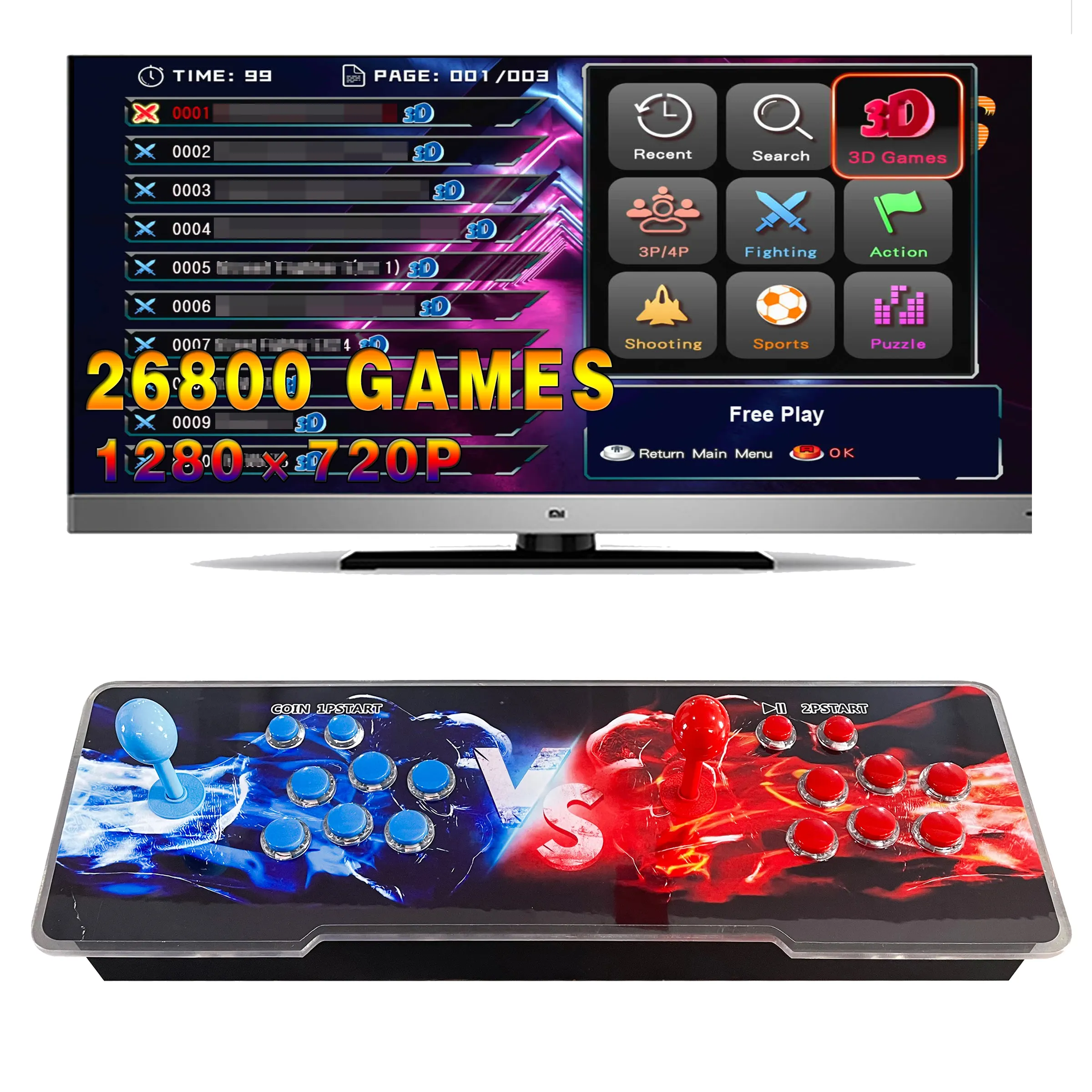 3D Arcade Game Box with 26,800 Retro Games, HD Display, and Joystick Control